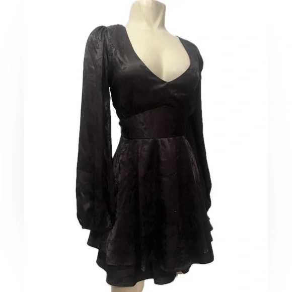 SOLD - Allison & Kelly Gothic Black Brocade Silky Backless Ruffle Mini Dress - Picture 4 of 8